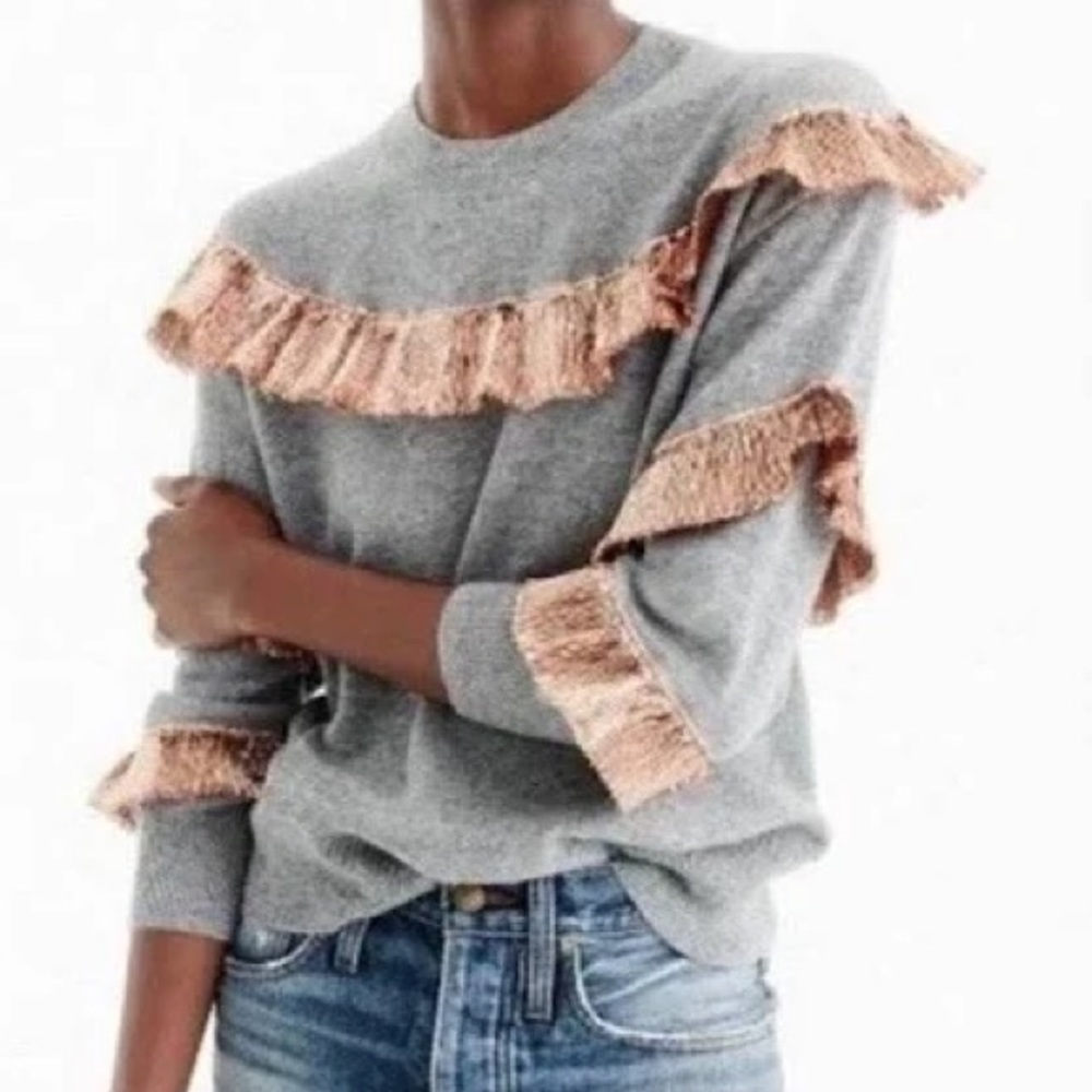 J.Crew Cashmere‎ Sweater Lamé Fringe Heather Gray XS